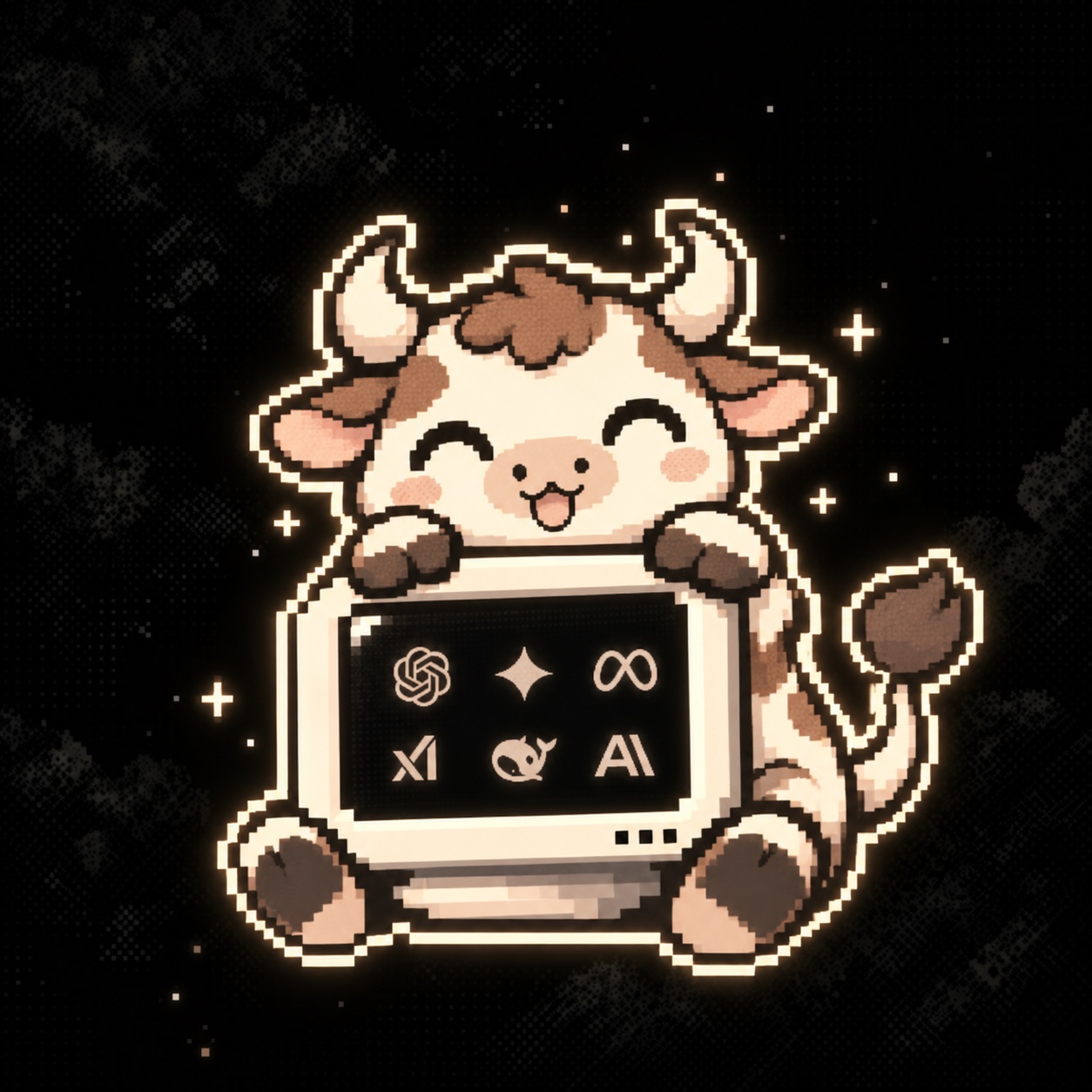 A cheerful pixel bull holding a glowing retro monitor